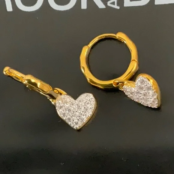 ELEGANT SMALL GOLD HOOPS WITH CRYSTAL FILLED HEART DROPS - Picture 2 of 4